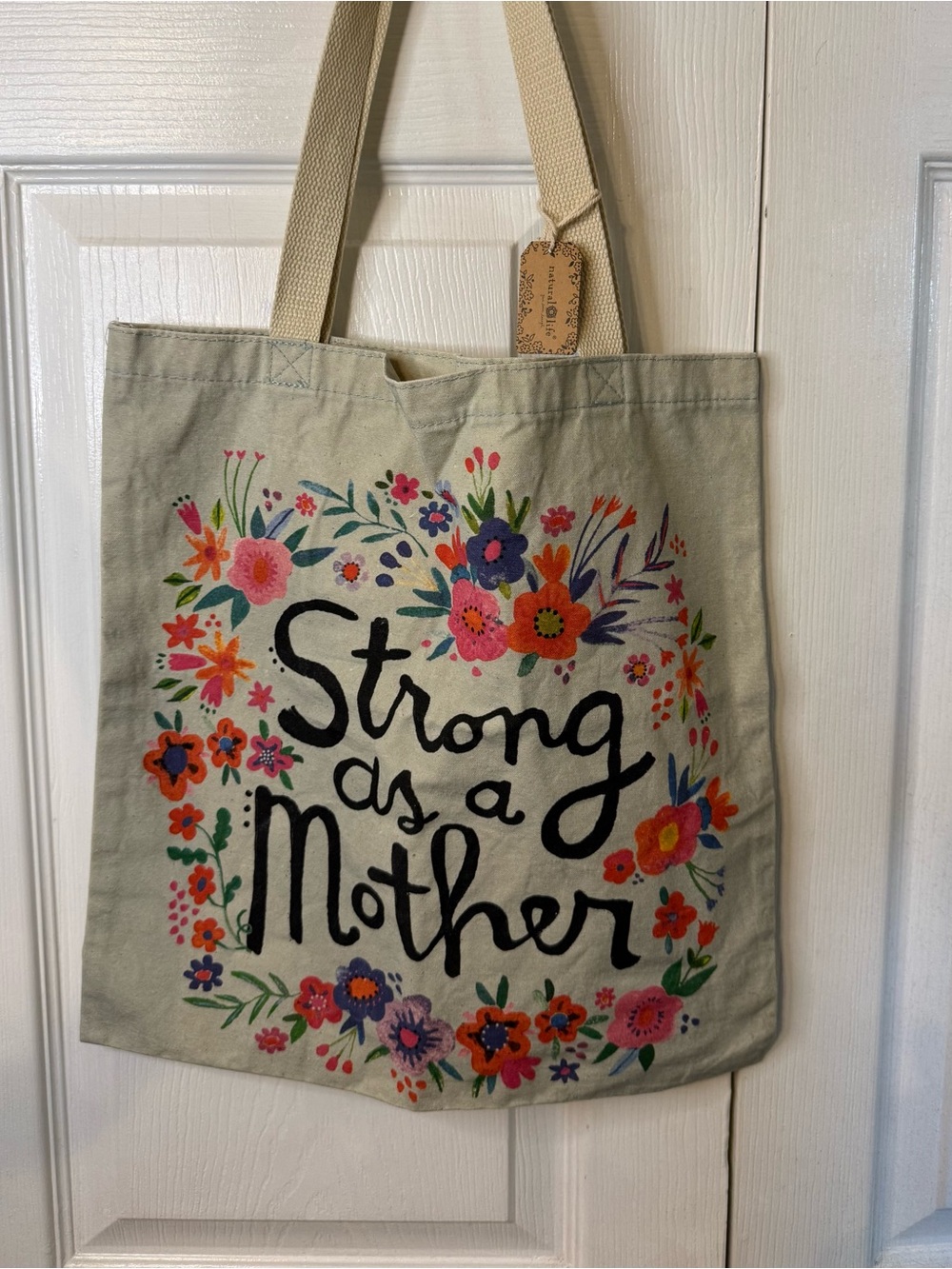 Natural Life Strong as a Mother Floral Tote Bag - Cream Canvas